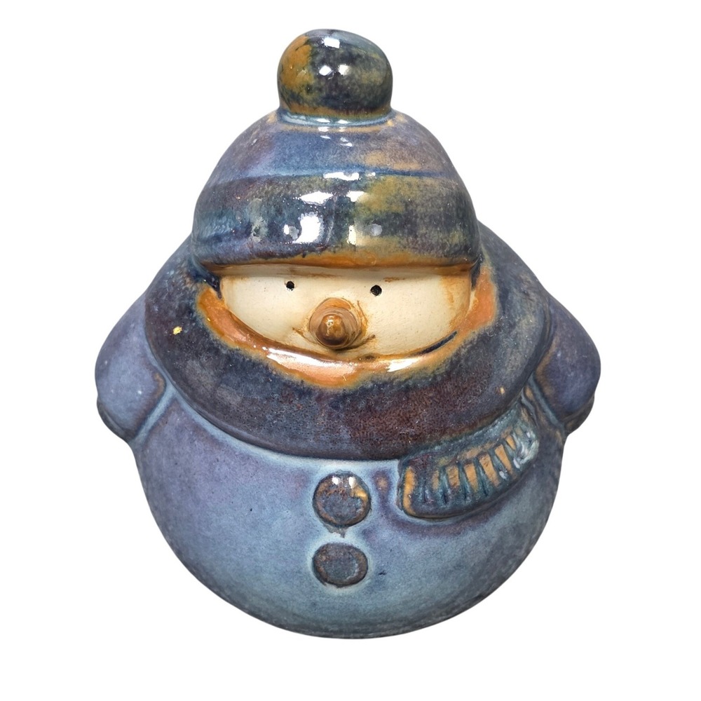 Ceramic Pottery Snowman Figurine Blue Reactive Glaze Artisan Winter Decor Studio